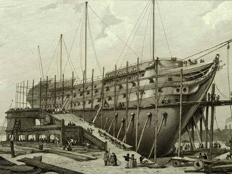 1772-François Louis Thomas Francia - Veduta del cantiere navale di Woolwich con la HMS Nelson in secca, 1815